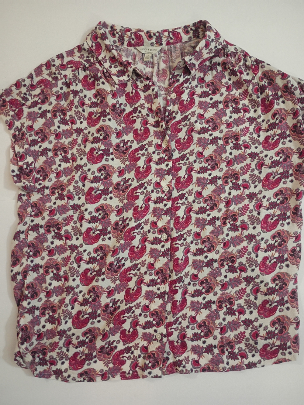 Lucky Brand Button Down White Top with Pink Floral Paisley Print Rolled Sleeves